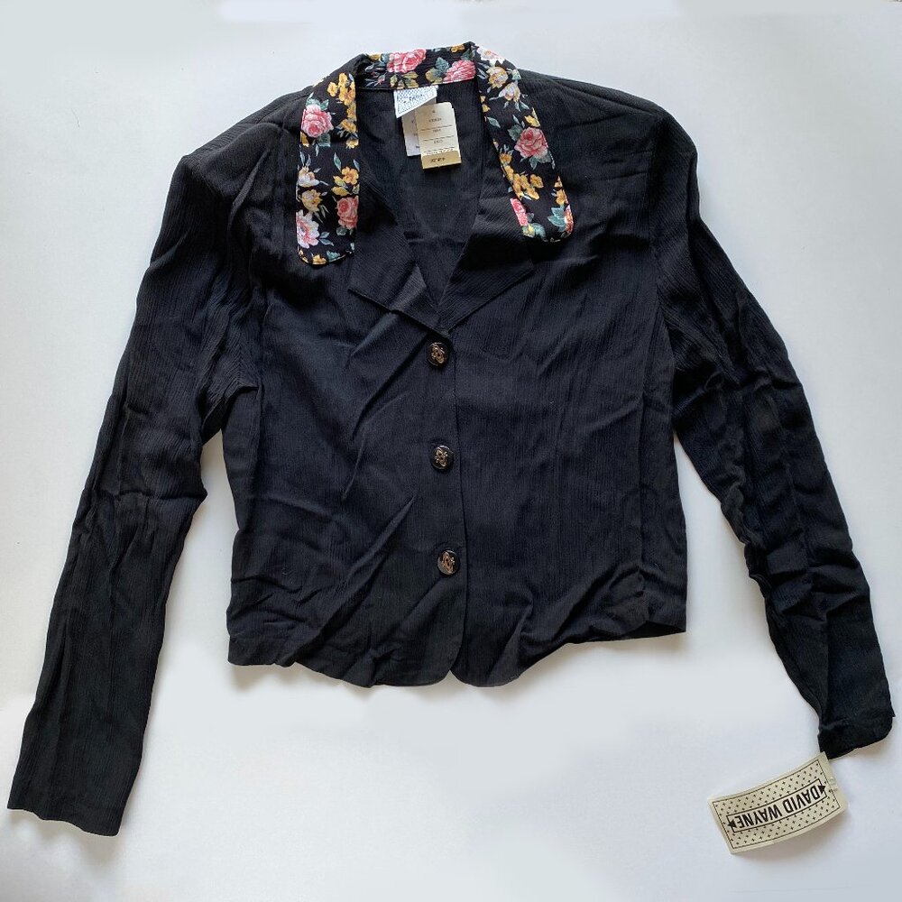 Vtg 1980’s NWT David Wayne Button-up Crop Shirt Floral Collar Shoulder Pad Sz M